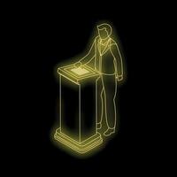 Businessman using interactive kiosk with touch screen in dark room vector