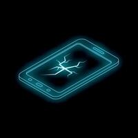 Broken smartphone with glowing cracks on dark background vector