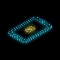 Smartphone showing charging battery icon in neon style on black background vector