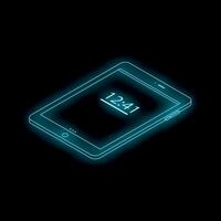 Glowing digital tablet showing 12,41 am or pm on black background vector