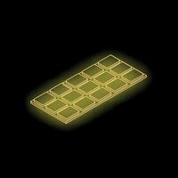 Gold chocolate bar glowing on black background in isometric view vector