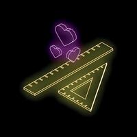 Neon ruler and set square with floating hearts symbolizing love for geometry vector