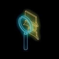 Magnifying glass exploring chat bubbles in neon style, analyzing online conversations vector