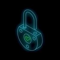 Neon glowing padlock ensuring safety and security with check mark vector