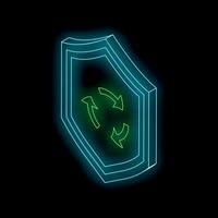 Neon shield with rotating arrows symbolizing protection and recovery on black background vector