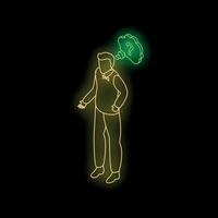 Thoughtful businessman with question mark in neon light style representing problem solving vector