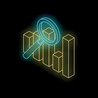 Magnifying glass examining glowing neon bar graph on dark background vector