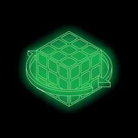 Green neon cube rotating with circular arrow on black background vector