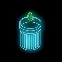Neon trash can with arrow pointing down representing disposal vector