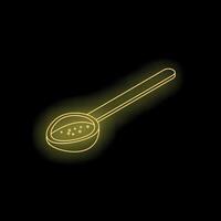 Neon yellow ladle with bubbles is glowing on black background vector