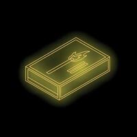 Neon yellow matchbox with burning matchstick on black background vector