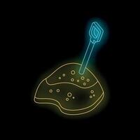 Neon shovel digging into pile of dirt on black background vector