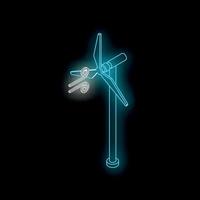 Wind turbine generating green energy with glowing neon effect vector