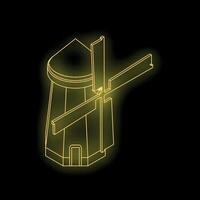 Glowing neon yellow windmill rotating on black background vector