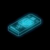 Isometric futuristic neon geiger counter displaying radiation levels on dark background vector