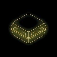 Glowing neon yellow food container on black background vector