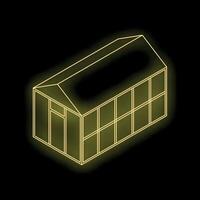 Glowing yellow outline of prefabricated modular home on black background vector