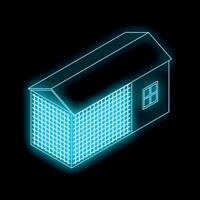 Glowing blueprint of a tiny house showing wireframe and solid walls vector