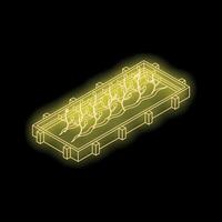 Growing plants inside wooden rectangular container, isometric neon style illustration vector