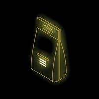 Glowing neon yellow paper bag with handle on black background vector