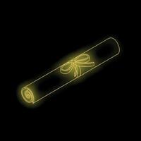 Glowing neon yellow diploma scroll tied with ribbon on black background vector