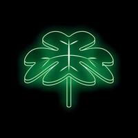 Glowing neon green four leaf clover on black background vector