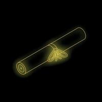 Golden neon diploma scroll shining on black background vector