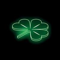 Green neon four leaf clover glowing on black background vector