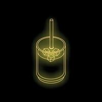 Neon sign of glass with cold drink and ice cubes on black background vector