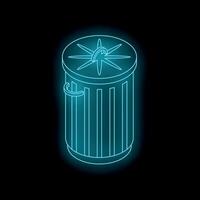 Glowing neon trash can on black background, isometric view vector