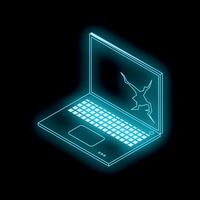 Broken laptop screen showing cracks in neon light vector