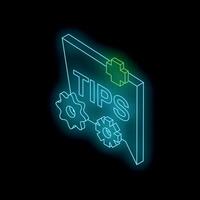 Neon tips sign with gears appearing on black background vector