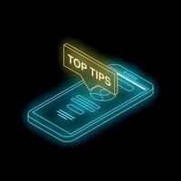 Neon smartphone displaying top tips for online success vector