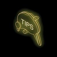 Neon sign representing tips with light bulb on black background vector