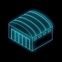 Glowing neon warehouse building on black background representing logistics and storage vector