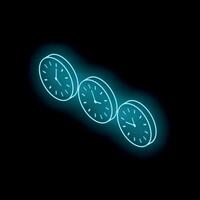Three glowing neon clocks showing different times on black background vector