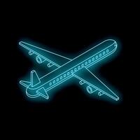 Glowing neon airplane flying through dark sky isometric view vector