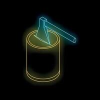 Neon axe sticking out of log on black background vector