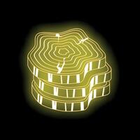 Glowing neon wood slices showing growth rings and cracks vector