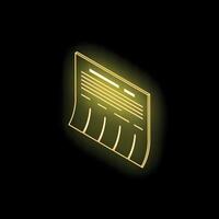 Glowing neon yellow paper document icon on black background vector