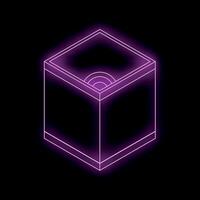 Purple neon cube glowing on black background with concentric circles inside vector