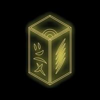 Mysterious golden cube glowing in darkness with esoteric symbols vector