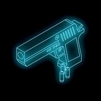 Neon blue futuristic gun and bullets floating on black background vector