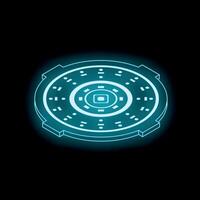Futuristic glowing technological dial showing symbolic data on black background vector