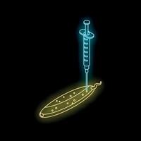 Syringe injecting gmo liquid into cucumber, genetically modified food concept vector