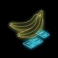Glowing neon bananas with chemical element symbols, technetium, ruthenium, and rhodium vector