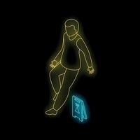 Person tripping over wet floor sign in neon style, isometric view of potential hazard vector