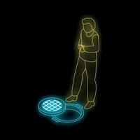 Man using smartphone near open manhole at night, neon isometric illustration vector