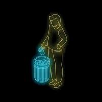 Man throwing garbage in trash can neon sign on black background vector