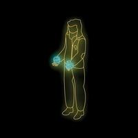 Man holding futuristic devices neon sign on black background vector